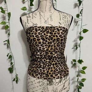 Leopard Print Strapless Crop Top - Tan & Black